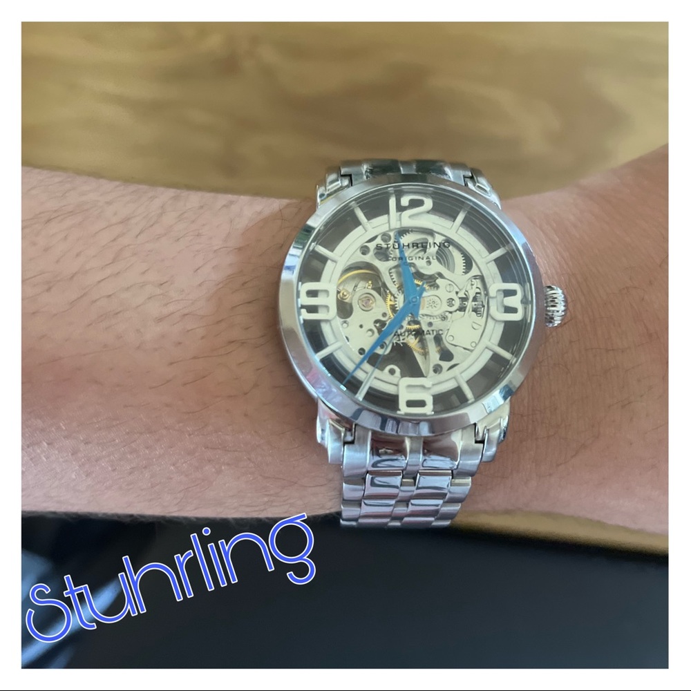 MENS STUHRLING SILVER SKELETON WATCH
